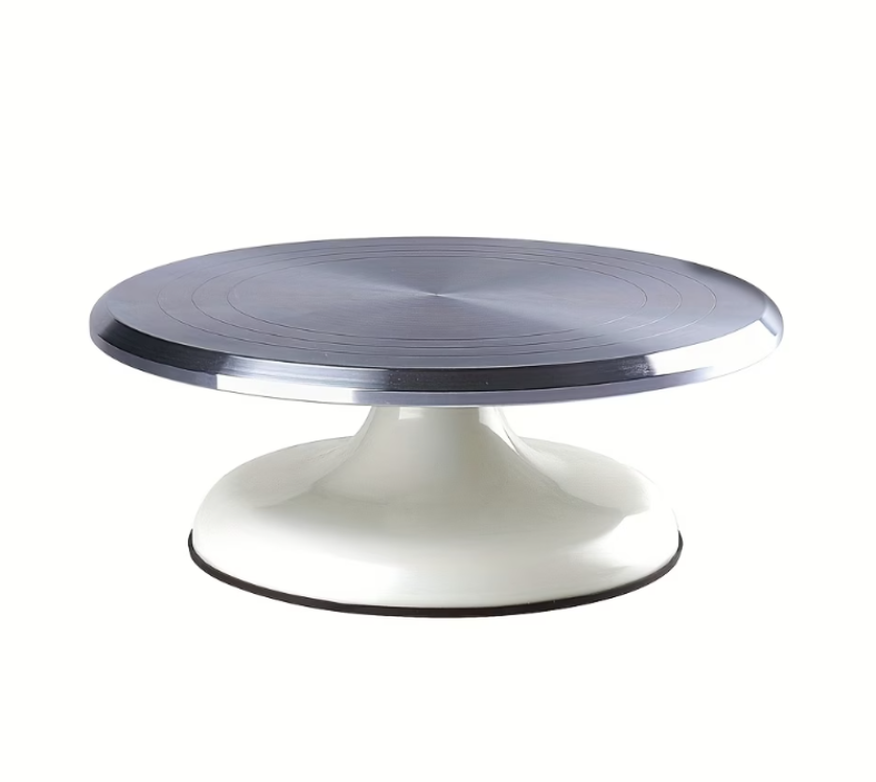 Round cake turntable with metallic top and white base