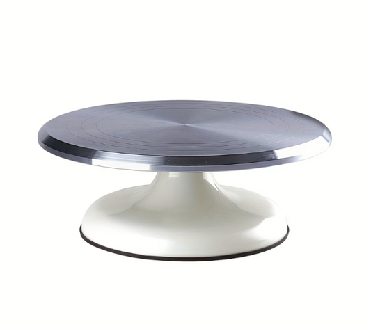 Round cake turntable with metallic top and white base